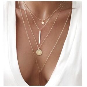 Gold Boho Multilayer Round Star  Necklace